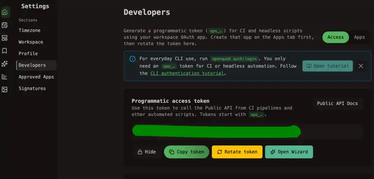 Create Token in OpenQuok Developer Setting