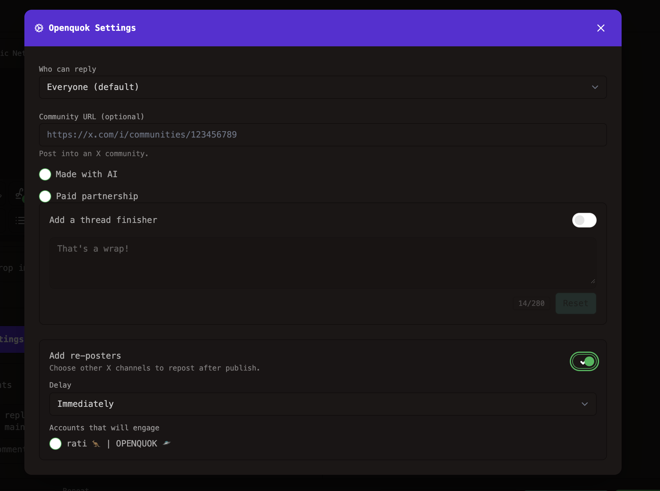 Open OpenQuok X Settings Modal
